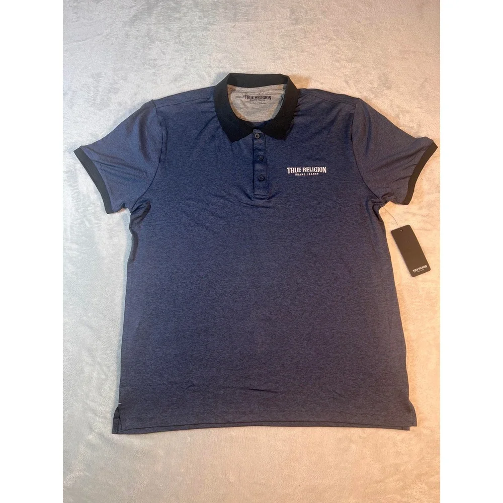 True Religion Polo Shirt Mens Short Sleeve Heathered Blue Black Logo‎ Casual